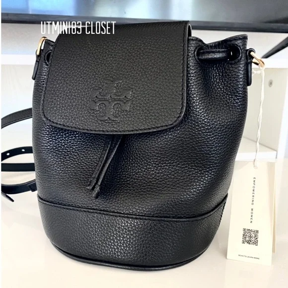🏅🌈NEW🌈Tory Burch Thea Mini bucket backpack/shoulder bag/black/leather - Picture 2 of 14